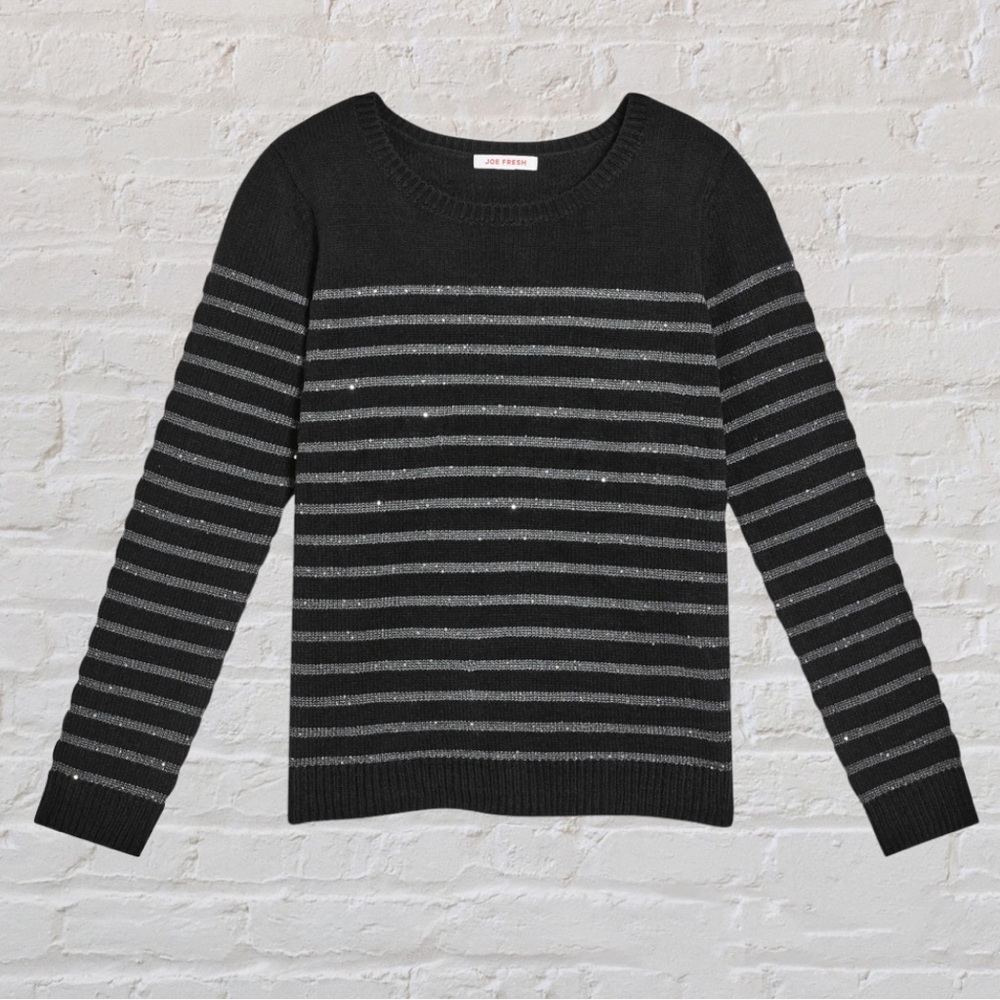 Joe Fresh Black Sequin Gray Striped Crew Neck Sweater